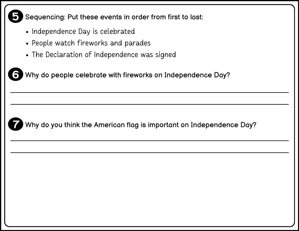 Black-and-white questions 5-7: students order events from first to last and explain why fireworks and the flag matter