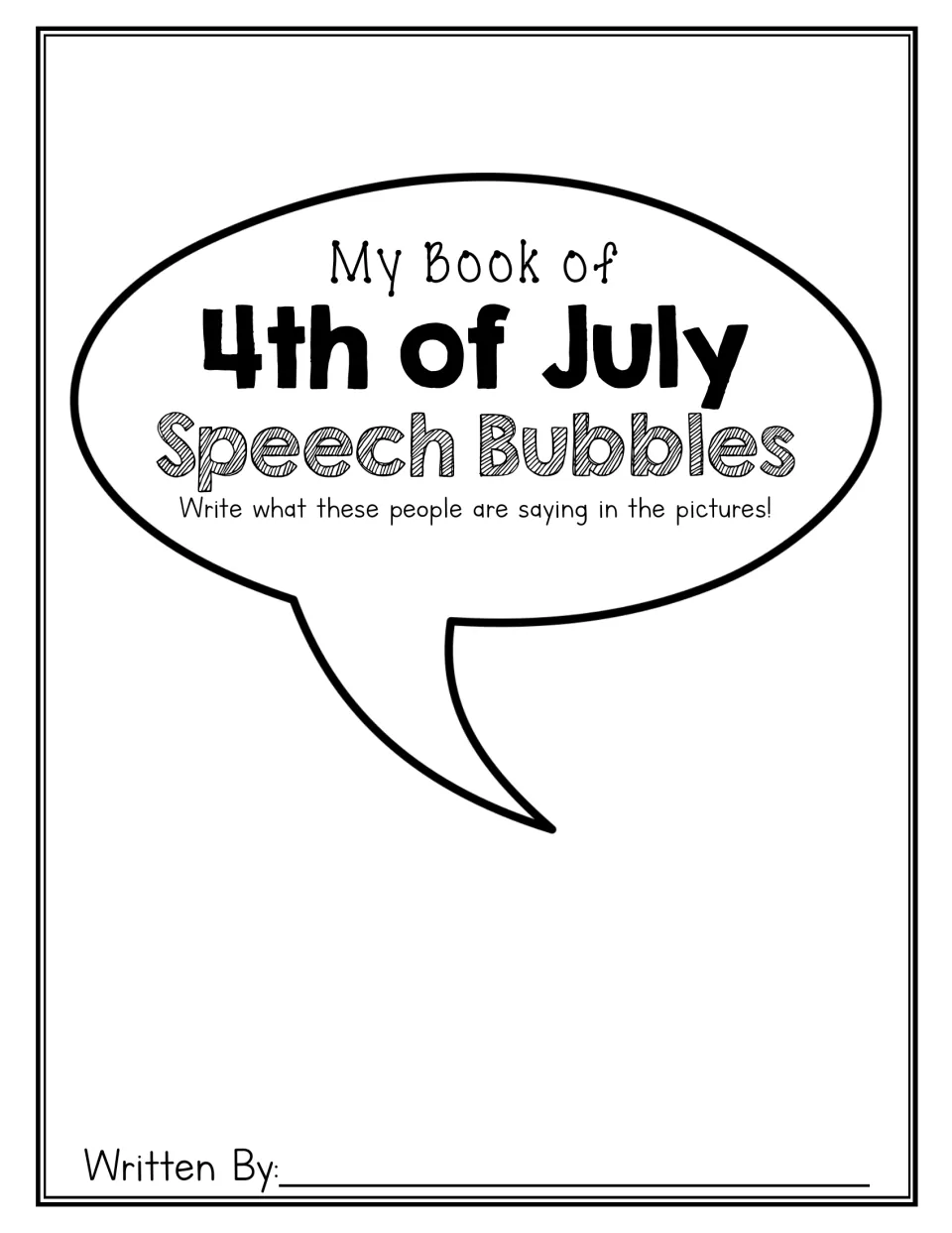 Student book cover asks writers to tell what people are saying in the pictures and add their own name