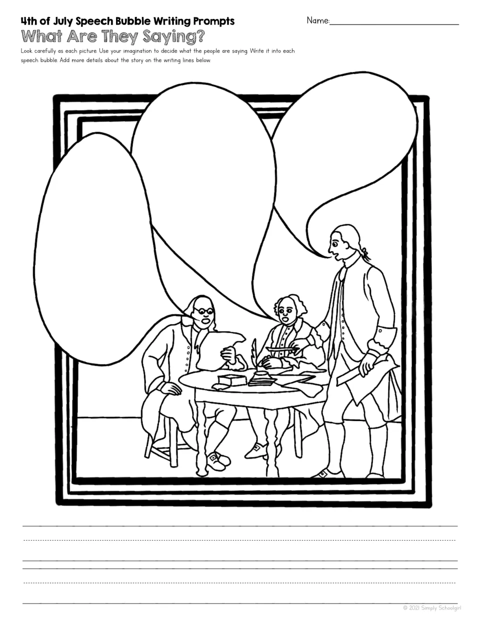 Writing prompt shows three colonial figures gathered around documents, with speech bubbles for dialogue