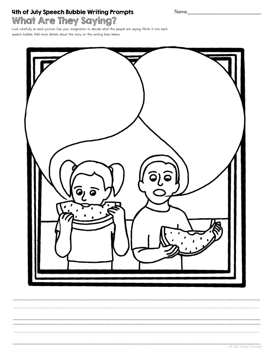 Writing prompt shows two children eating watermelon, with a speech bubble for each child's imagined words