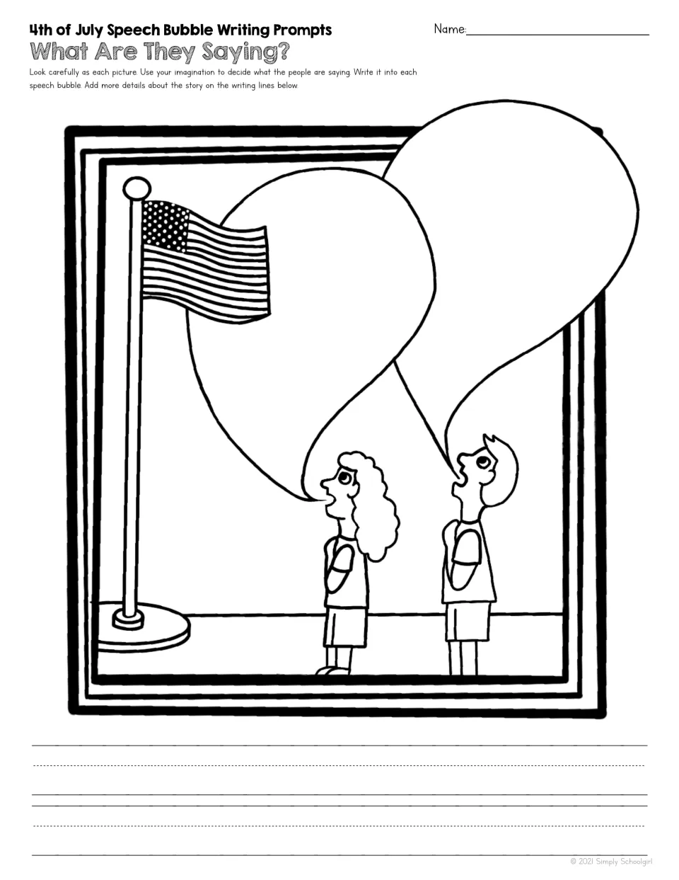 Writing prompt shows two children facing an American flag, hands over hearts, with bubbles for their words