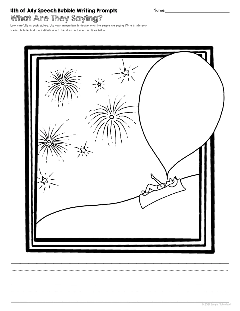 Writing prompt shows a person reclining and watching fireworks, with one speech bubble for imagined words