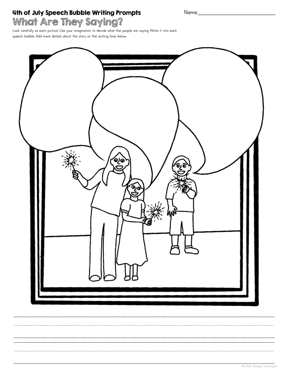 Writing prompt shows three people holding sparklers, each with a speech bubble for students to add dialogue
