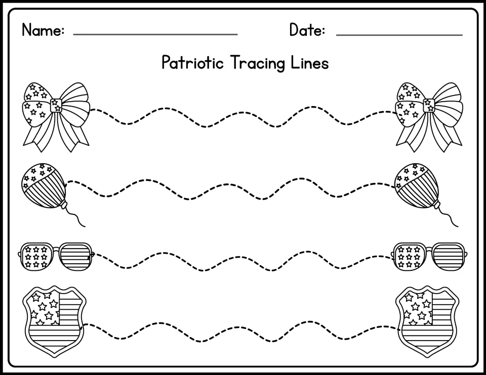 Patriotic Tracing Lines: students trace dotted wavy lines linking matching bows, balloons, sunglasses and flag shields