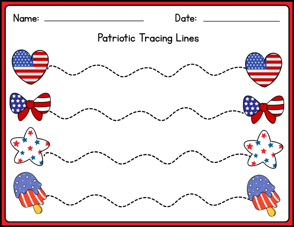 Patriotic Tracing Lines in color: students trace wavy dotted paths between flag hearts, bows, starry stars and popsicles