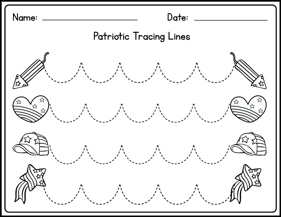 Patriotic Tracing Lines: students trace dotted scallop curves from firecrackers, hearts, caps and shooting stars