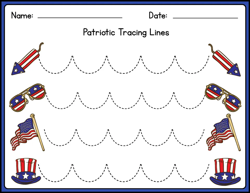 Colored Patriotic Tracing Lines: students trace dotted scallop curves joining firecrackers, sunglasses, flags and top hats