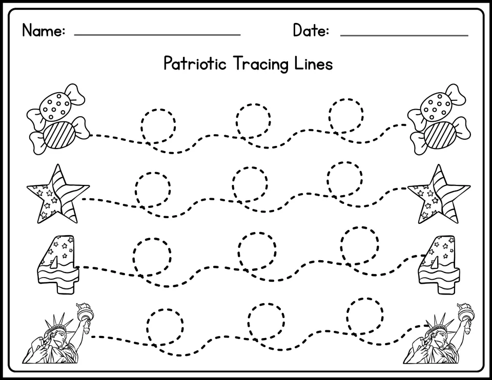 Patriotic Tracing Lines: students trace dotted loop-de-loop paths linking candies, stars, number 4s and Statue of Liberty