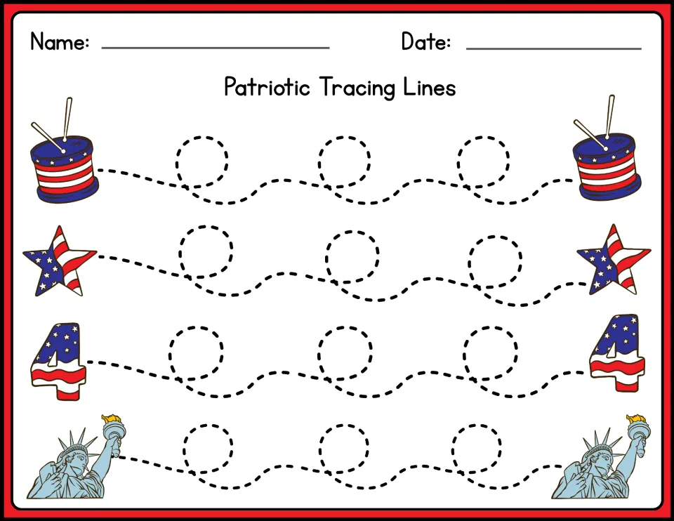 Colored loop tracing: students follow dotted looping paths between drums, flag stars, number 4s and the Statue of Liberty