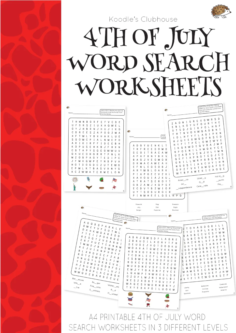 4th of July Word Search Worksheets cover showing six A4 puzzle sheets in 3 levels: word lists, missing letters, pictures