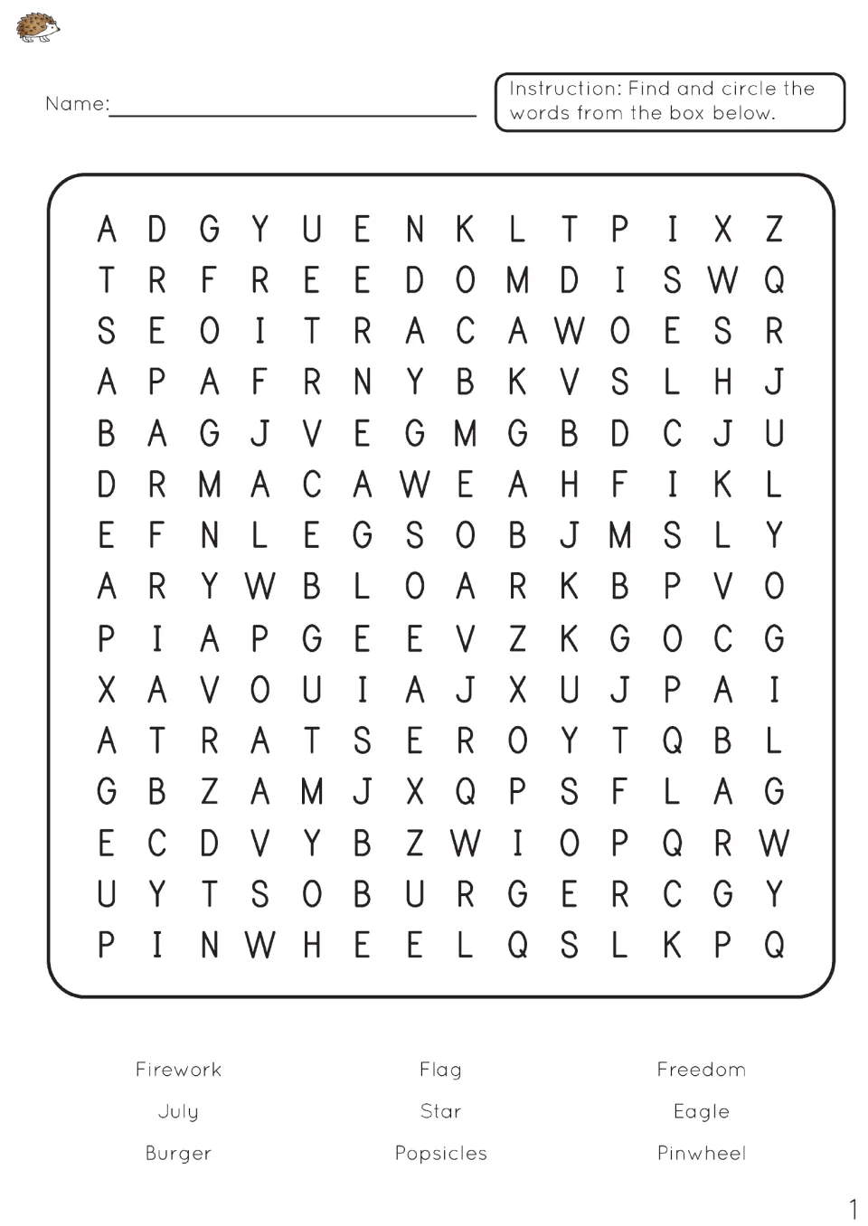 Independence Day word search: students circle firework, flag, freedom, July, star, eagle, burger, popsicles, pinwheel