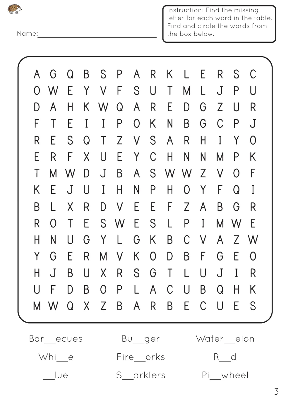 Missing-letter word search: students fill the gap in words like Bar_ecues, Fire_orks and Pi_wheel, then circle each word