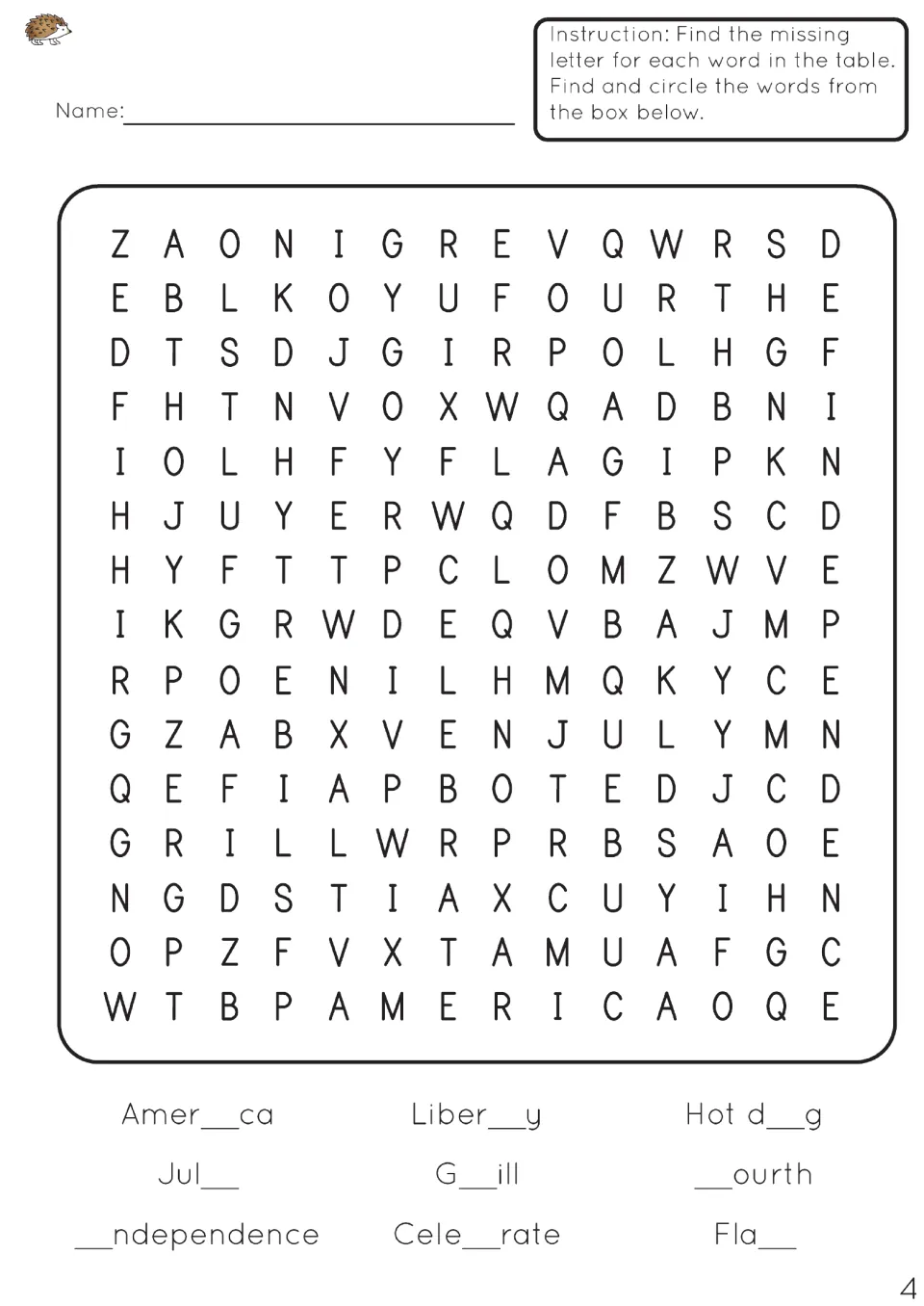 Missing-letter puzzle: students complete Amer_ca, Jul_, _ndependence, G_ill, Fla_ and _ourth, then find each word
