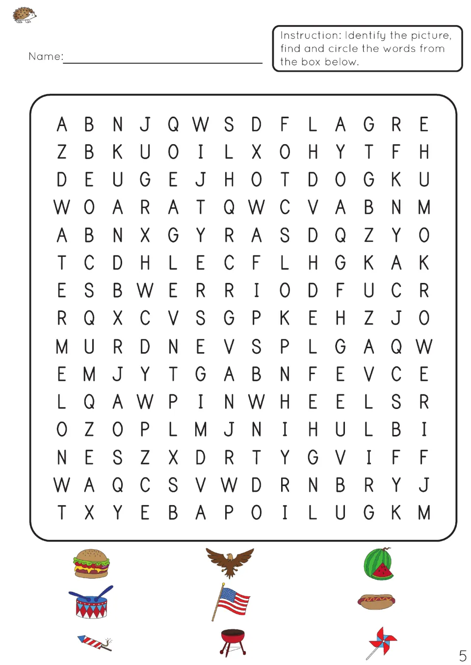 Picture word search: students name 9 holiday pictures such as a burger, eagle, drum, flag and grill, then find each word