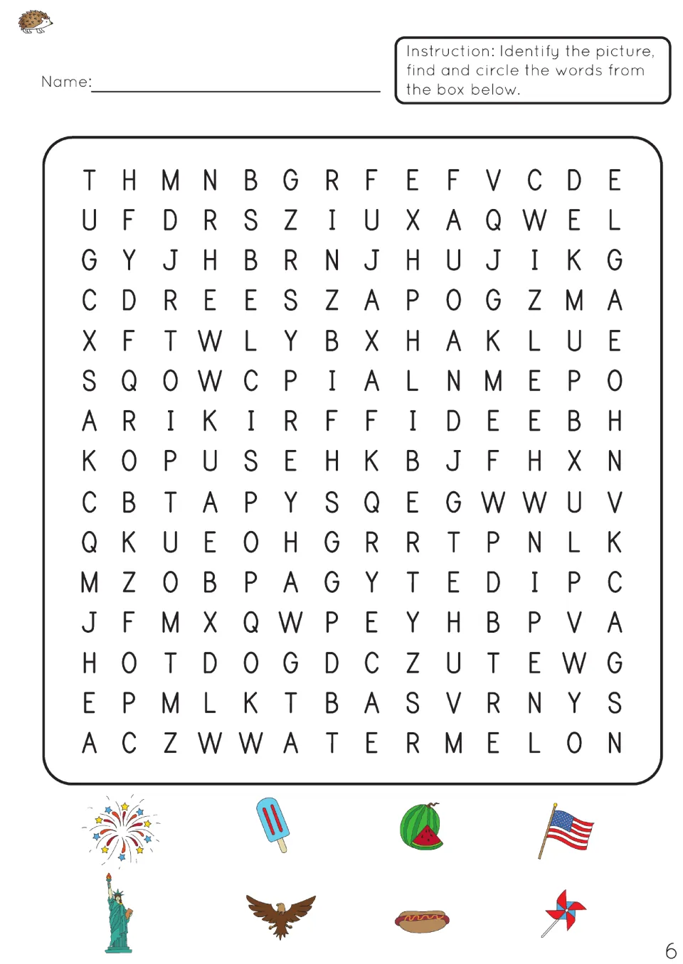 Picture-clue search: students identify fireworks, popsicle, Statue of Liberty, eagle and hot dog, then circle the words