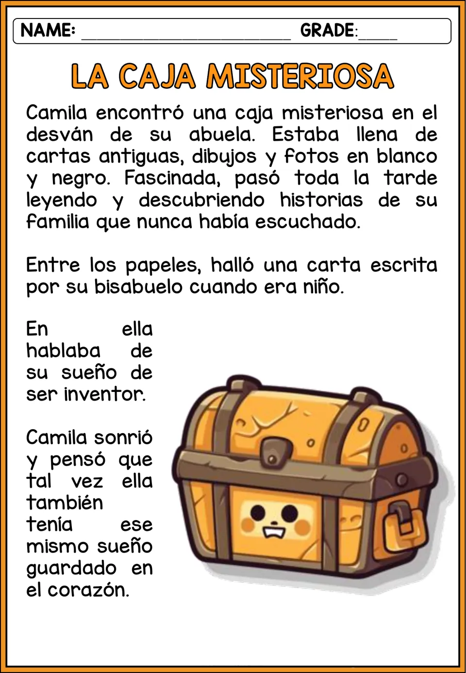 Spanish story 'La caja misteriosa' (The Mysterious Box): Camila finds family keepsakes and an old letter