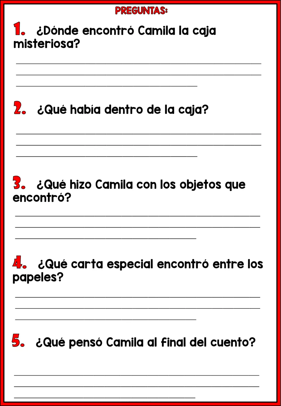 Five Spanish comprehension questions ask about Camila's discovery, the box, a letter, and her final thought