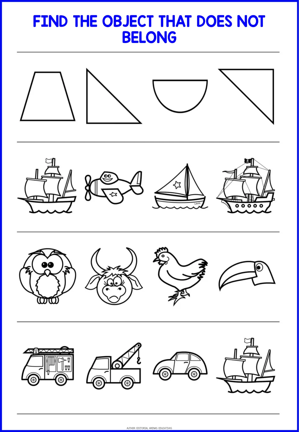 Odd-one-out worksheet 1: four picture groups featuring shapes, boats and a plane, birds and a cow, and vehicles