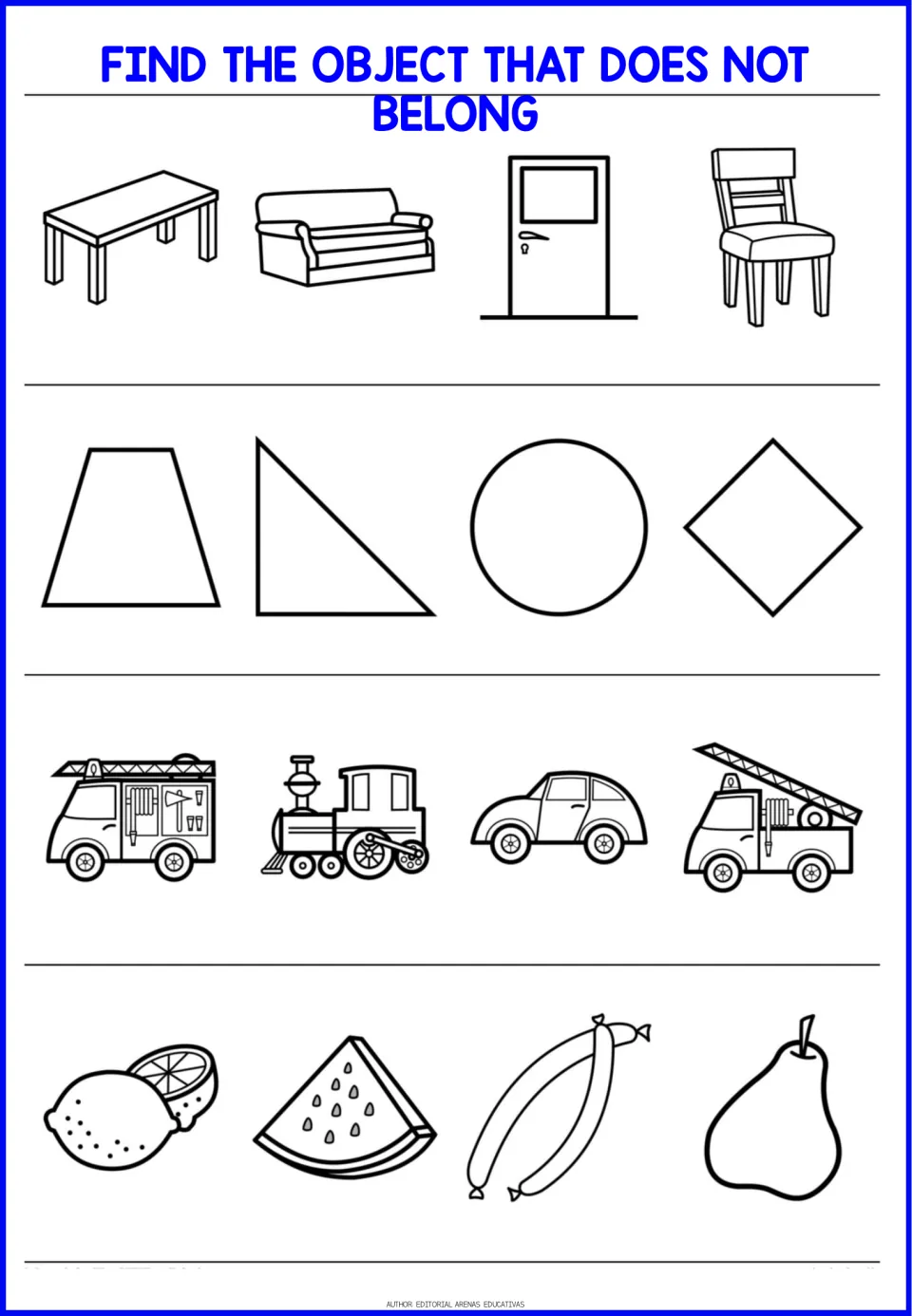 Odd-one-out worksheet 2: four picture groups featuring furniture and a door, shapes, vehicles, and foods
