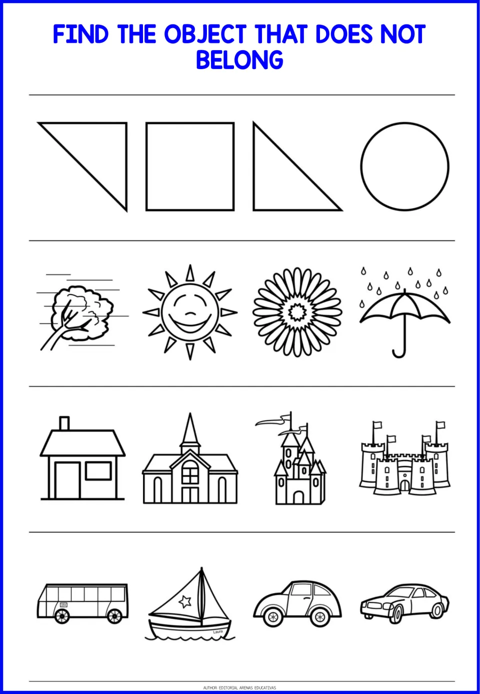 Odd-one-out worksheet 3: four picture groups featuring shapes, weather and a flower, buildings, and vehicles