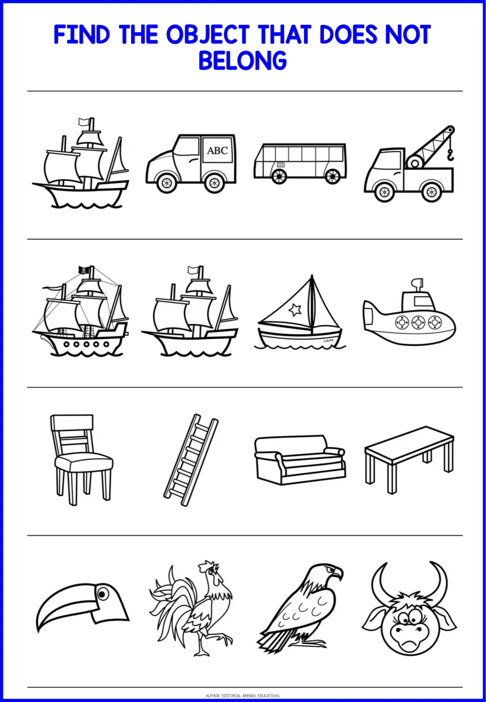 Odd-one-out worksheet 4: compare a ship and road vehicles, boats and a submarine, furniture and a ladder, and animals