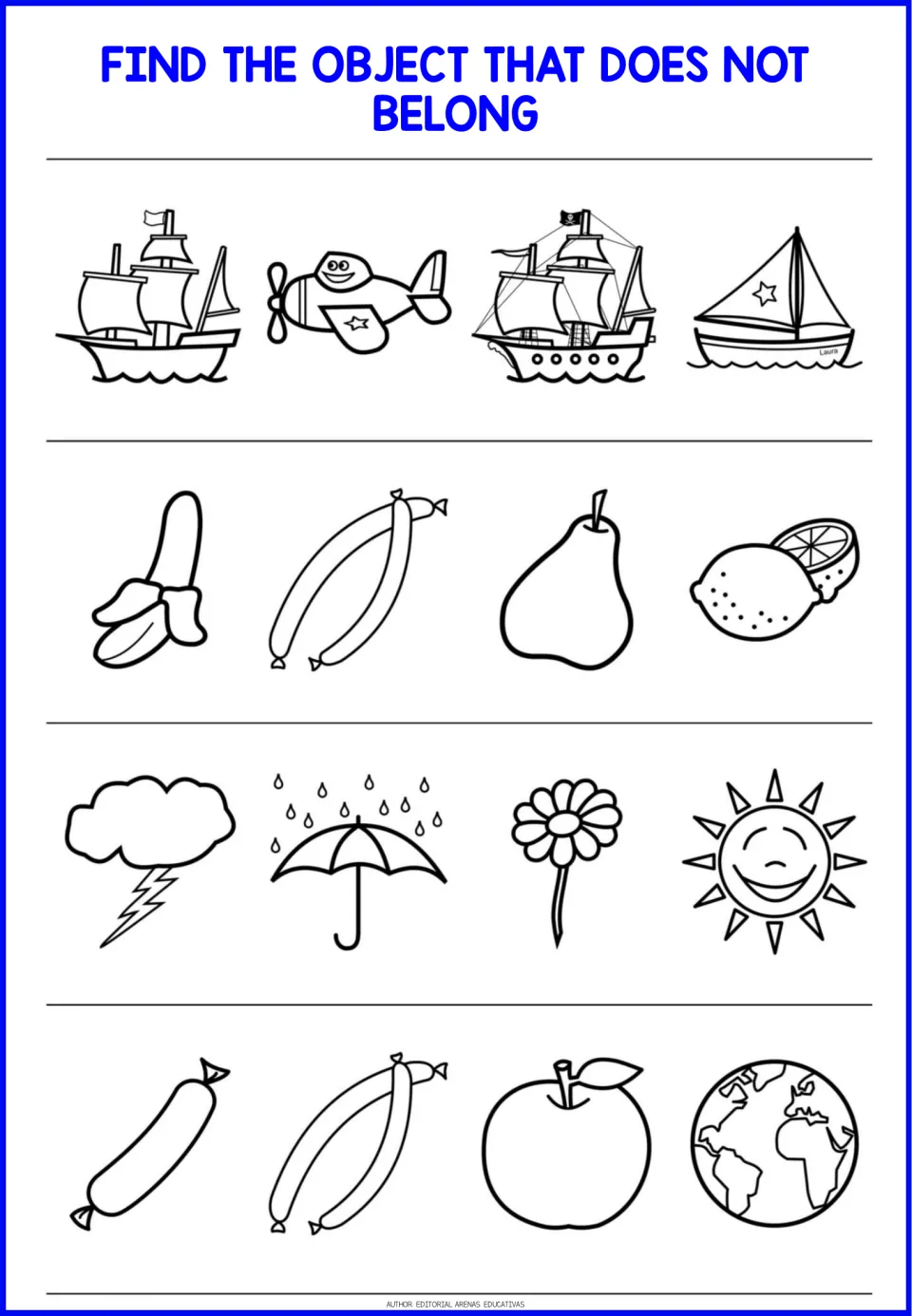 Odd-one-out worksheet 5: compare boats and a plane, fruit and sausages, weather and a flower, and food and Earth