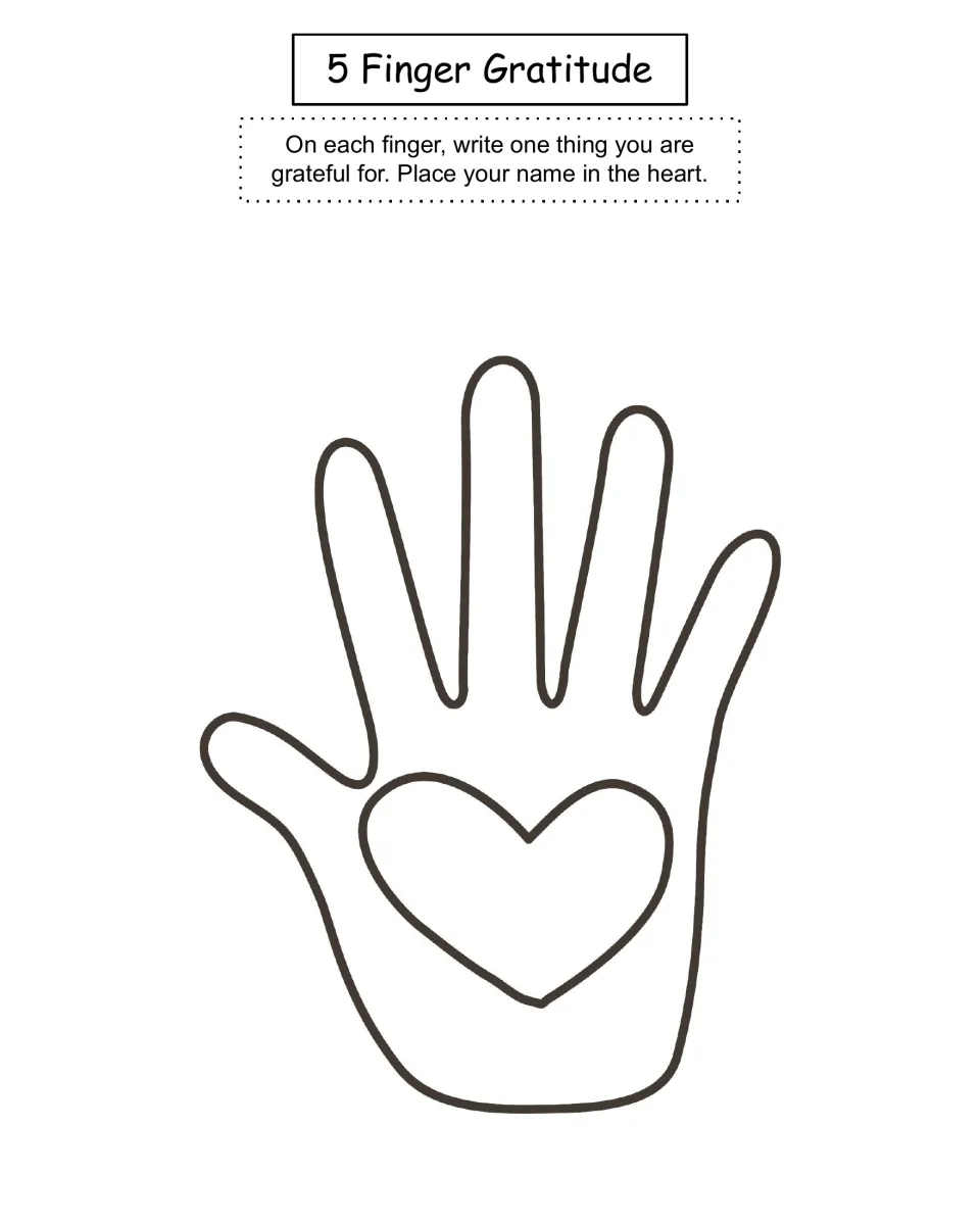 Gratitude worksheet: write one thing you are grateful for on each of five fingers and your name in the heart.