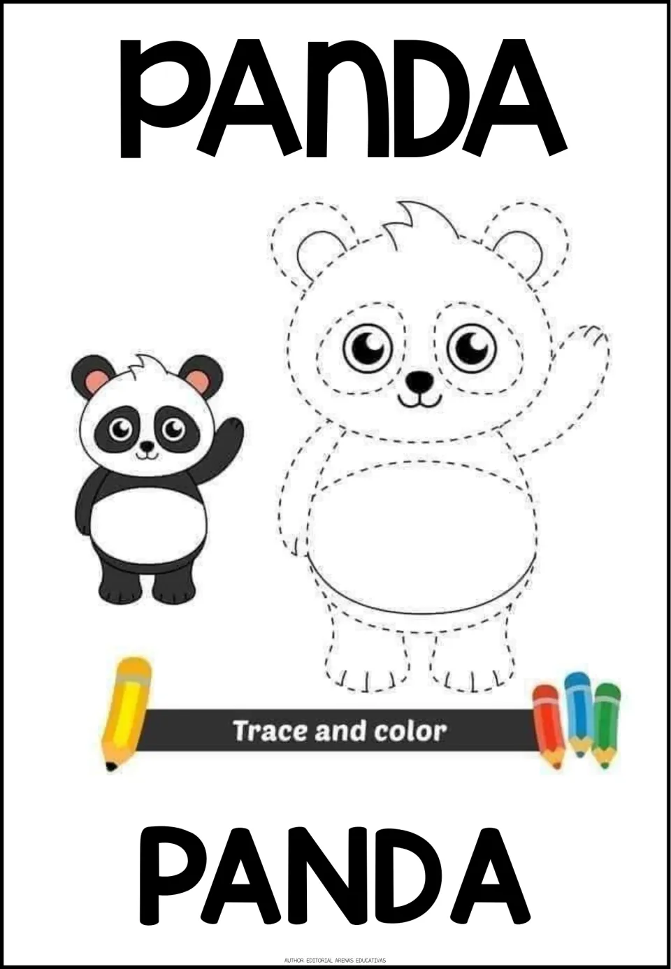 Animal activity 3 of 5: panda outline to trace and color, a colored example, and PANDA labels in both languages