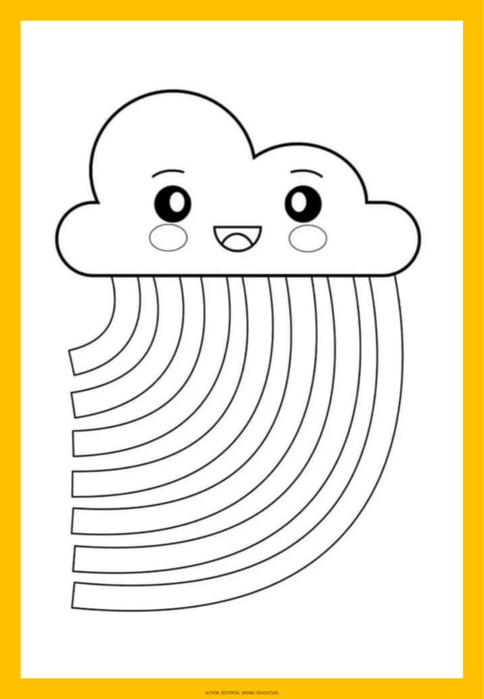 Scissor practice with curves: students cut along curved rainbow-like strips hanging from a smiling cloud character