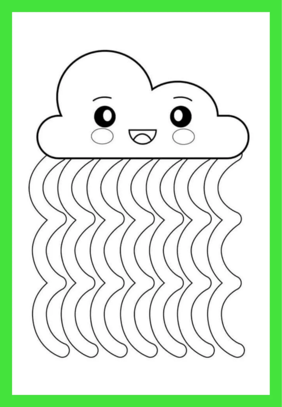 Scissor practice with wavy paths: students snip along about ten wavy rain strips falling from a smiling cloud
