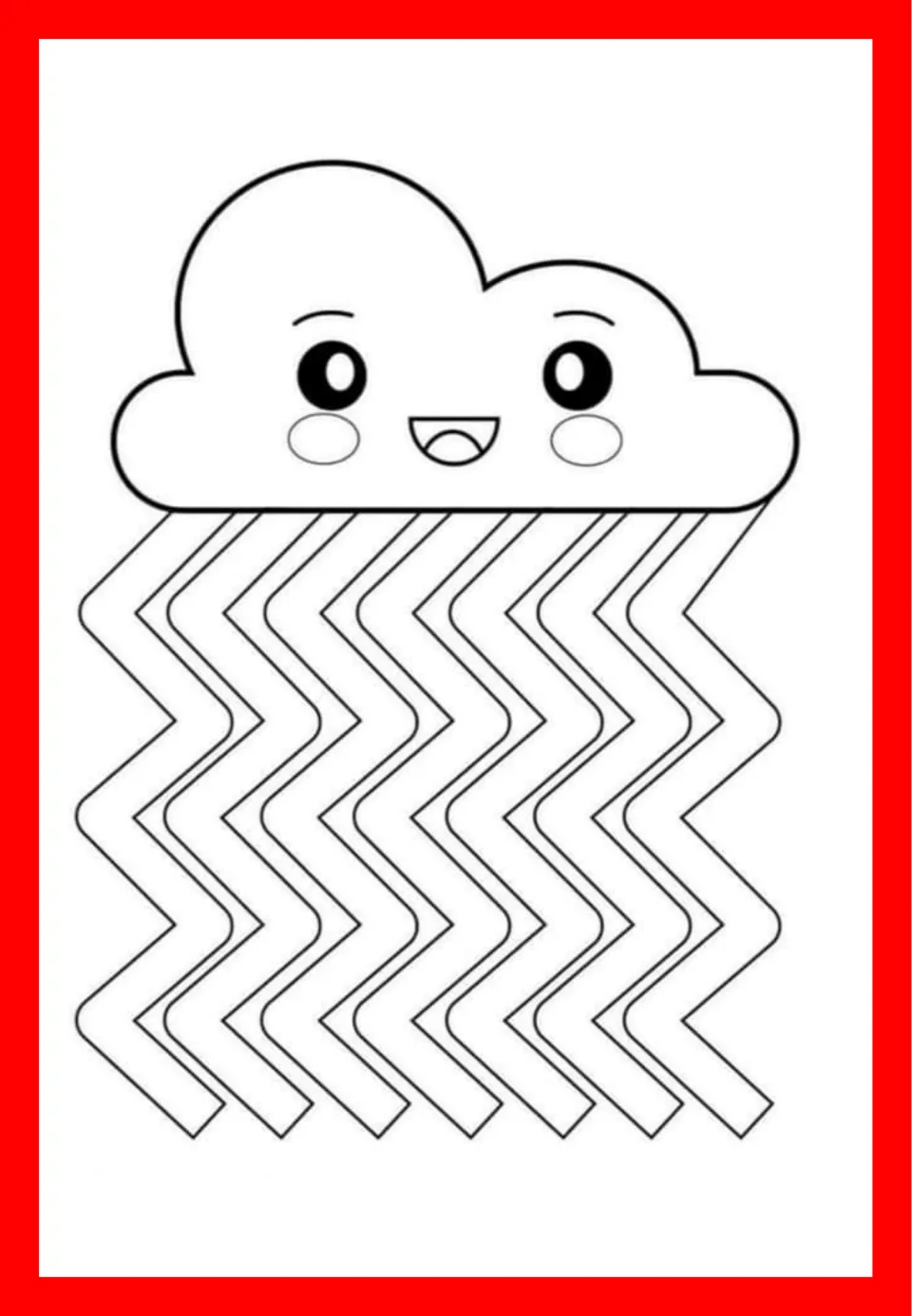 Scissor practice with zigzags: students cut along sharp zigzag rain strips under a smiling cloud, turning at each corner