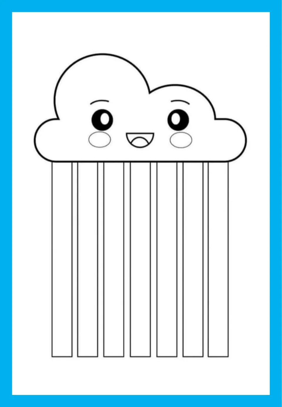 Scissor practice with straight cuts: students cut seven straight rain strips hanging from a smiling cloud
