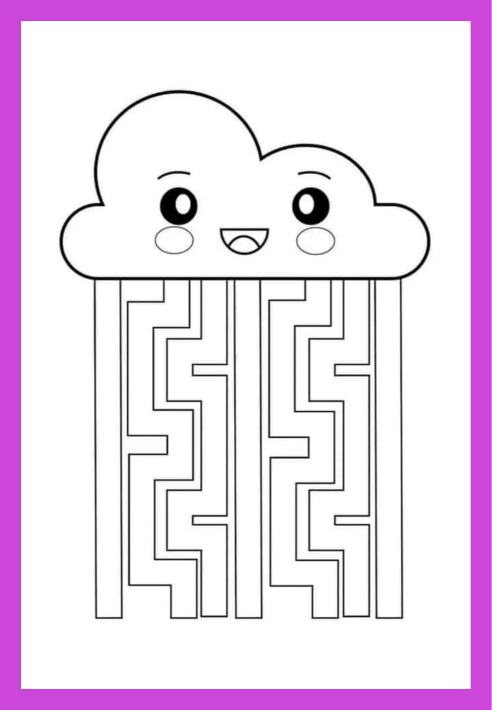 Scissor practice with stepped paths: students cut rain strips with right-angle steps and turns beneath a smiling cloud