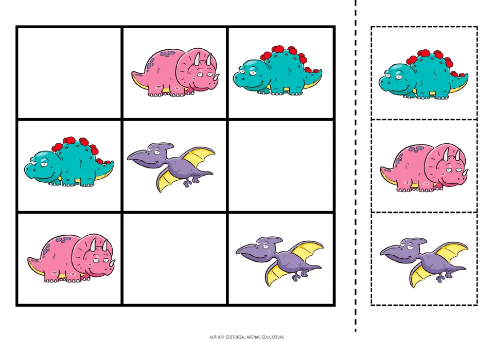 Dinosaur sudoku puzzle 1 uses pink horned dinosaurs, teal plated dinosaurs and purple flying reptiles