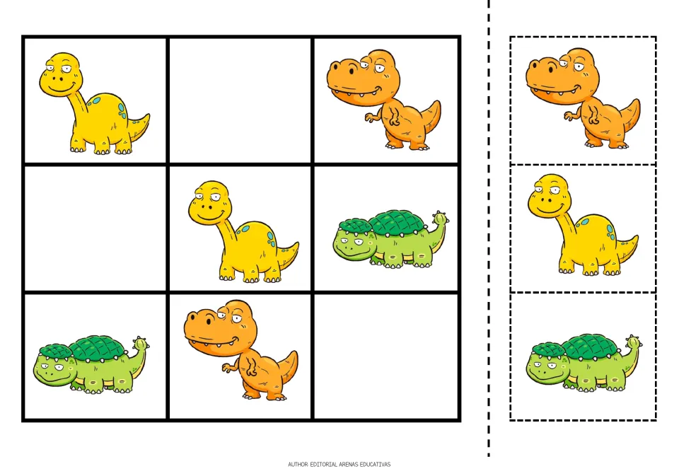 Dinosaur sudoku puzzle 2 uses yellow long-necked dinosaurs, orange T. rexes and green armored dinosaurs
