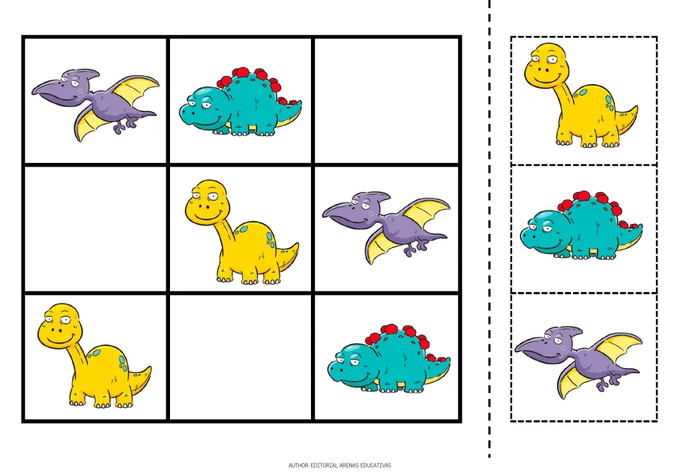 Dinosaur sudoku puzzle 3 uses purple flying reptiles, teal plated dinosaurs and yellow long-necked dinosaurs