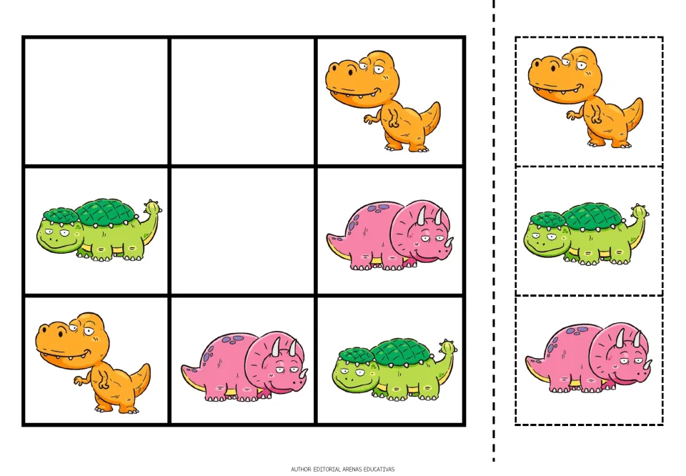 Dinosaur sudoku puzzle 4 uses orange T. rexes, green armored dinosaurs and pink horned dinosaurs