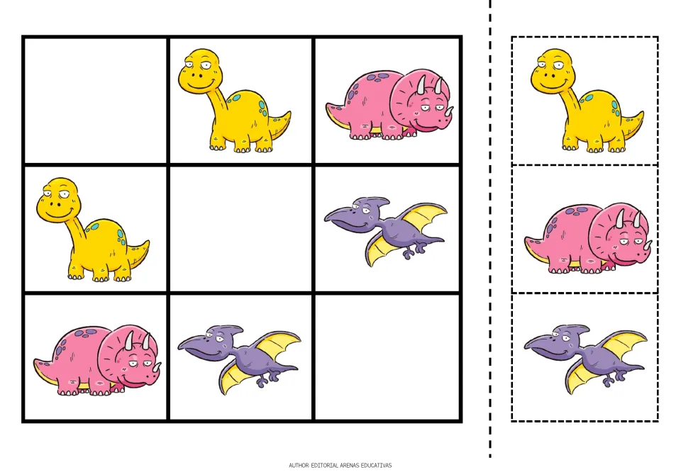 Dinosaur sudoku puzzle 5 uses yellow long-necked dinosaurs, pink horned dinosaurs and purple flying reptiles