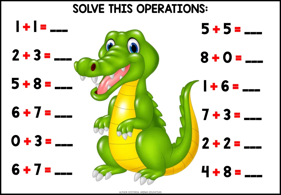 Addition facts: students solve 12 sums such as 1 + 1, 5 + 8 and 4 + 8, writing each answer, beside a cartoon crocodile