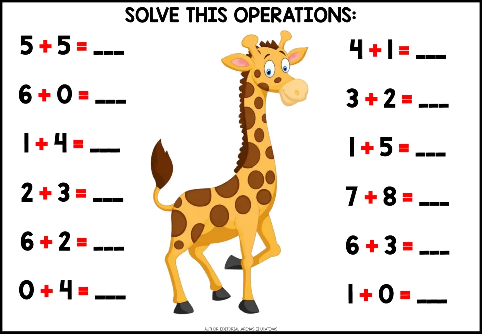 Addition facts: students write answers to 12 sums including 5 + 5, 6 + 0, 7 + 8 and 1 + 0, shown next to a cartoon giraffe