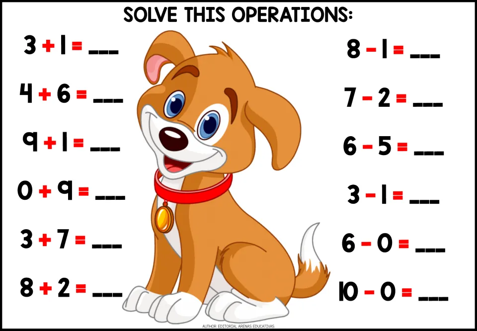 Mixed facts: students solve 6 sums like 4 + 6 and 8 + 2 and 6 differences like 8 - 1 and 10 - 0, beside a cartoon puppy