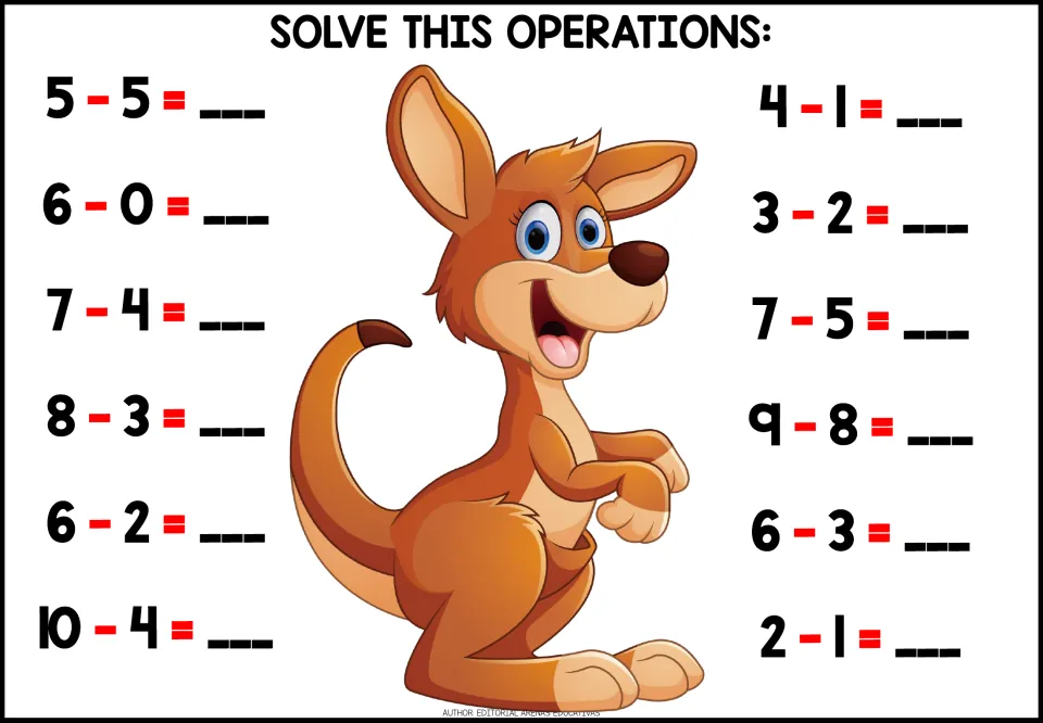 Subtraction facts: students write answers to 12 differences such as 5 - 5, 10 - 4 and 9 - 8, beside a cartoon kangaroo