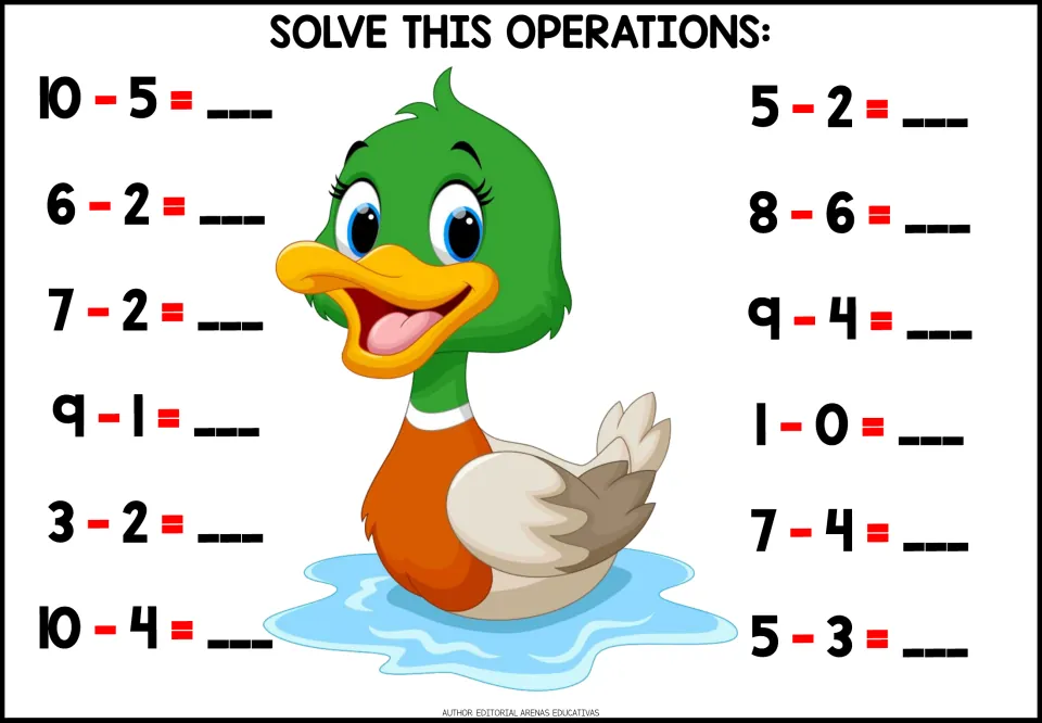 Subtraction facts: students solve 12 differences including 10 - 5, 8 - 6, 1 - 0 and 5 - 3, beside a cartoon duck