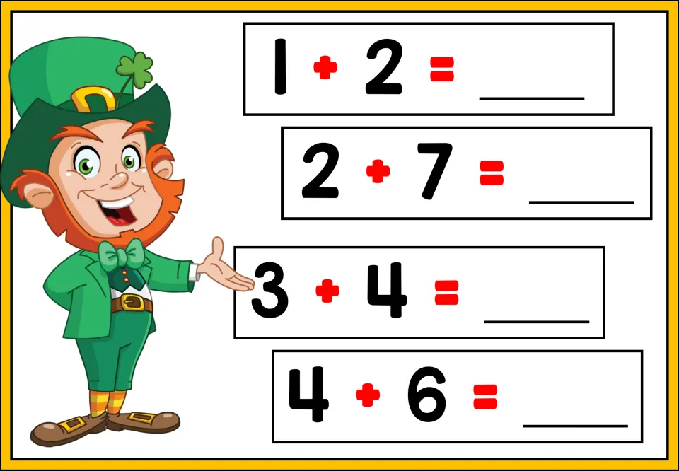 Addition practice sheet 1 of 5: students solve 1 + 2, 2 + 7, 3 + 4, and 4 + 6 and write the missing sums.