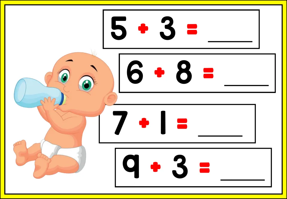 Addition practice sheet 2 of 5: students solve 5 + 3, 6 + 8, 7 + 1, and 9 + 3 and write the missing sums.