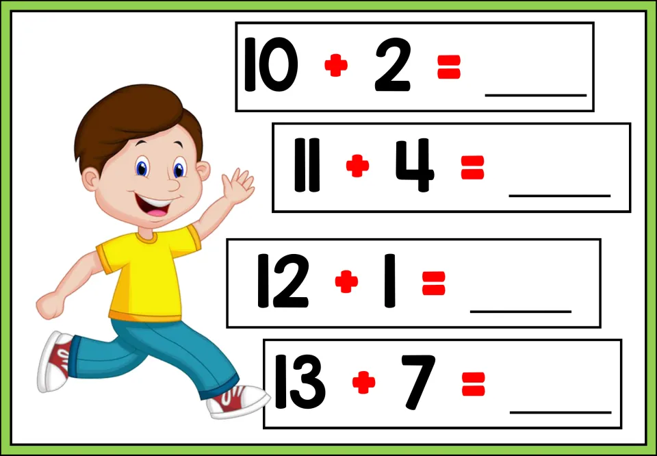 Addition practice sheet 3 of 5: students solve 10 + 2, 11 + 4, 12 + 1, and 13 + 7 and write the missing sums.