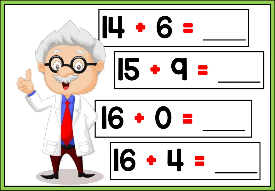 Addition practice sheet 4 of 5: students solve 14 + 6, 15 + 9, 16 + 0, and 16 + 4 and write the missing sums.