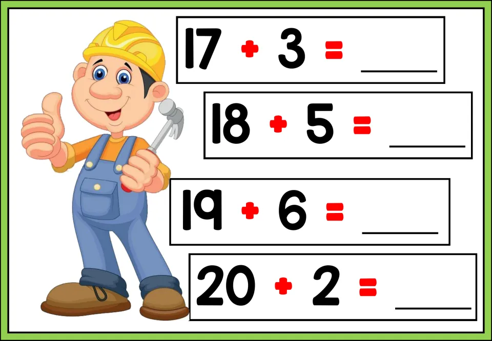 Addition practice sheet 5 of 5: students solve 17 + 3, 18 + 5, 19 + 6, and 20 + 2 and write the missing sums.