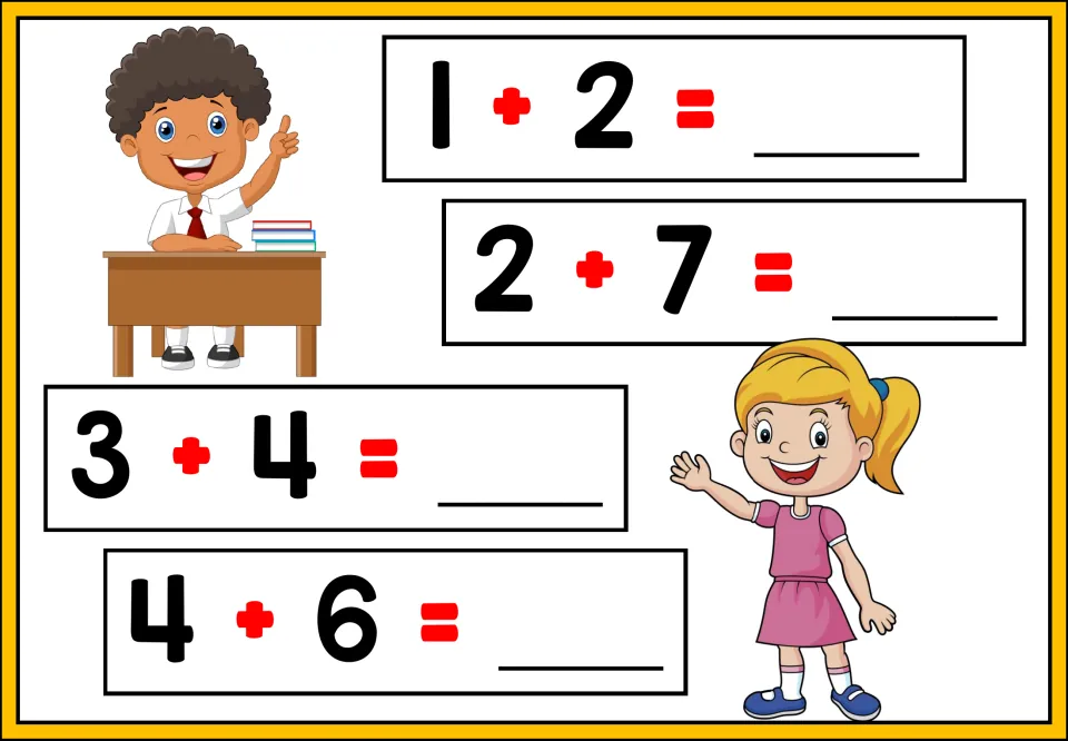 Addition practice sheet 1 of 5: students supply the missing sums for 1 + 2, 2 + 7, 3 + 4, and 4 + 6.