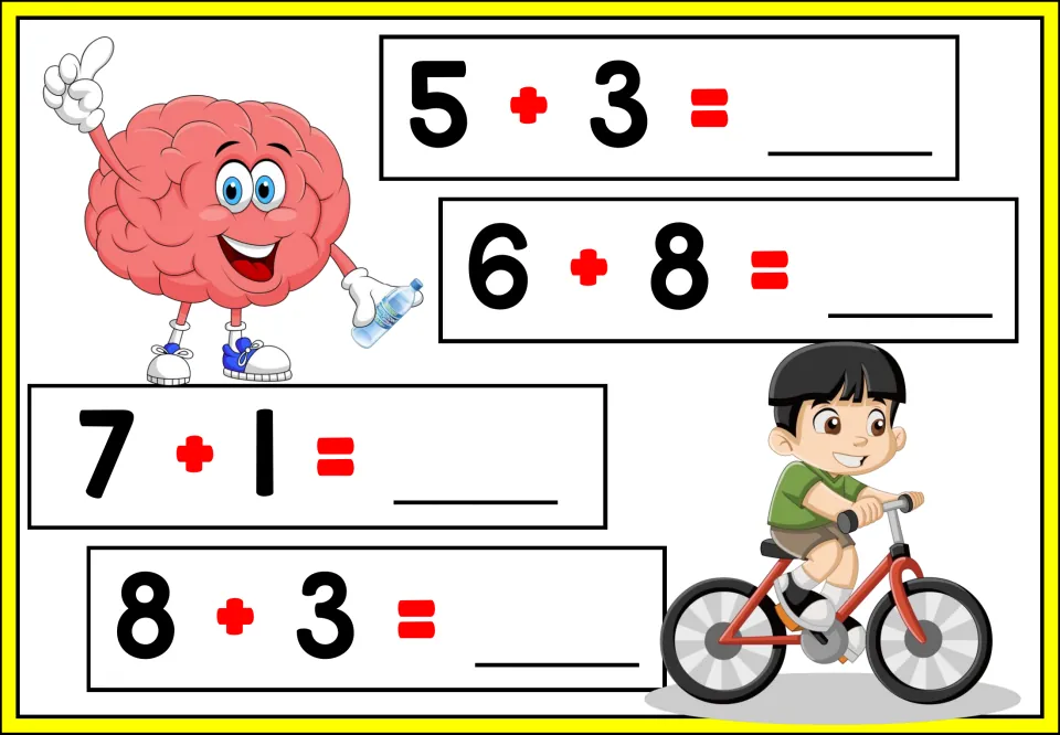 Addition practice sheet 2 of 5: students supply the missing sums for 5 + 3, 6 + 8, 7 + 1, and 8 + 3.